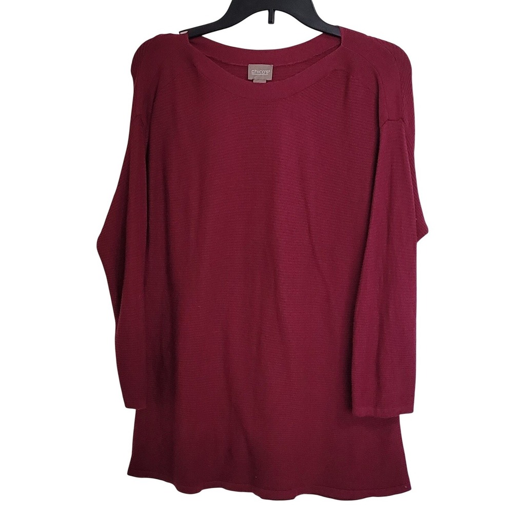 Chicos Knit Sweater Tunic Top Burgundy Size 1 Ribbed Long Sleeve